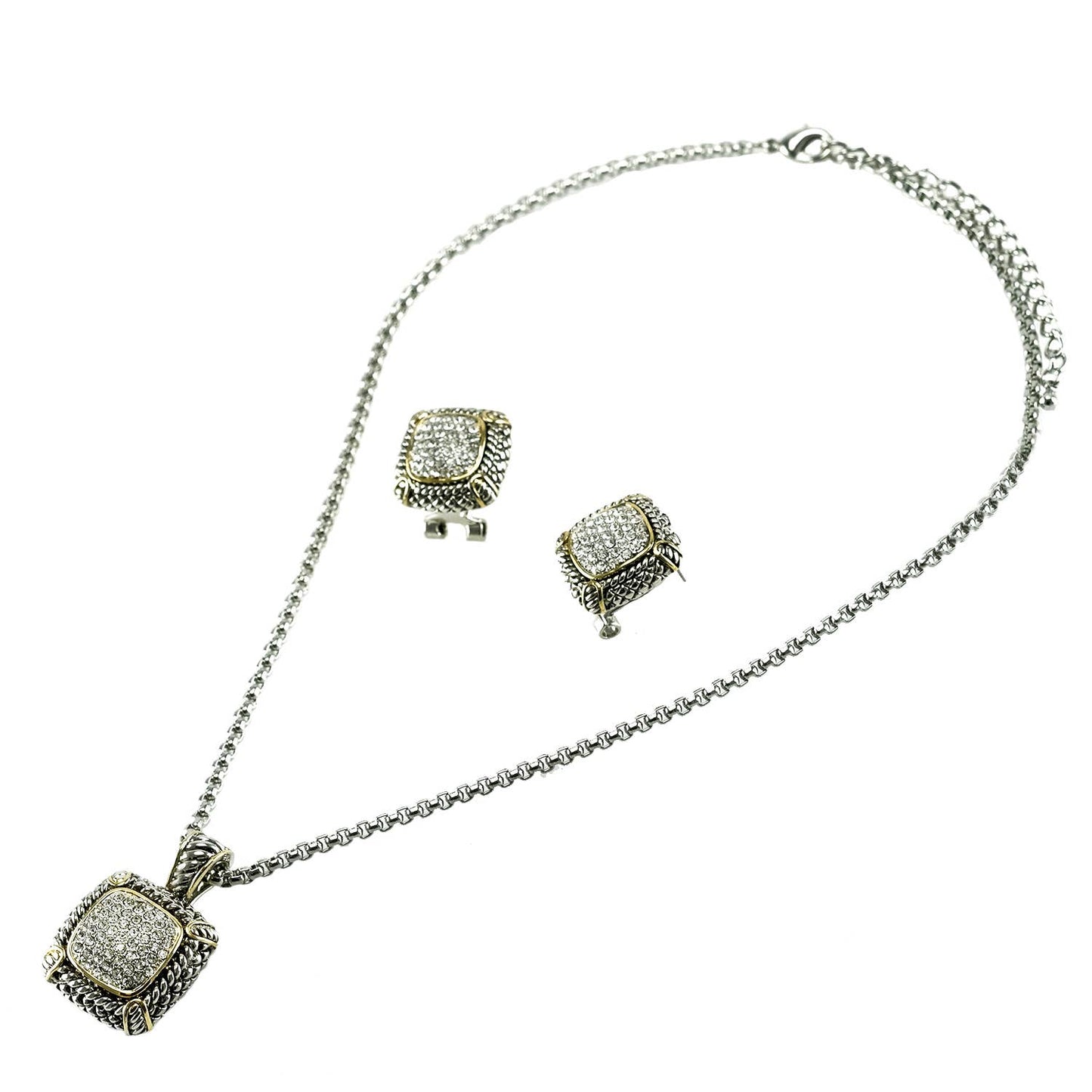 Two Tone Cushion Pendant Necklace & Earring Set