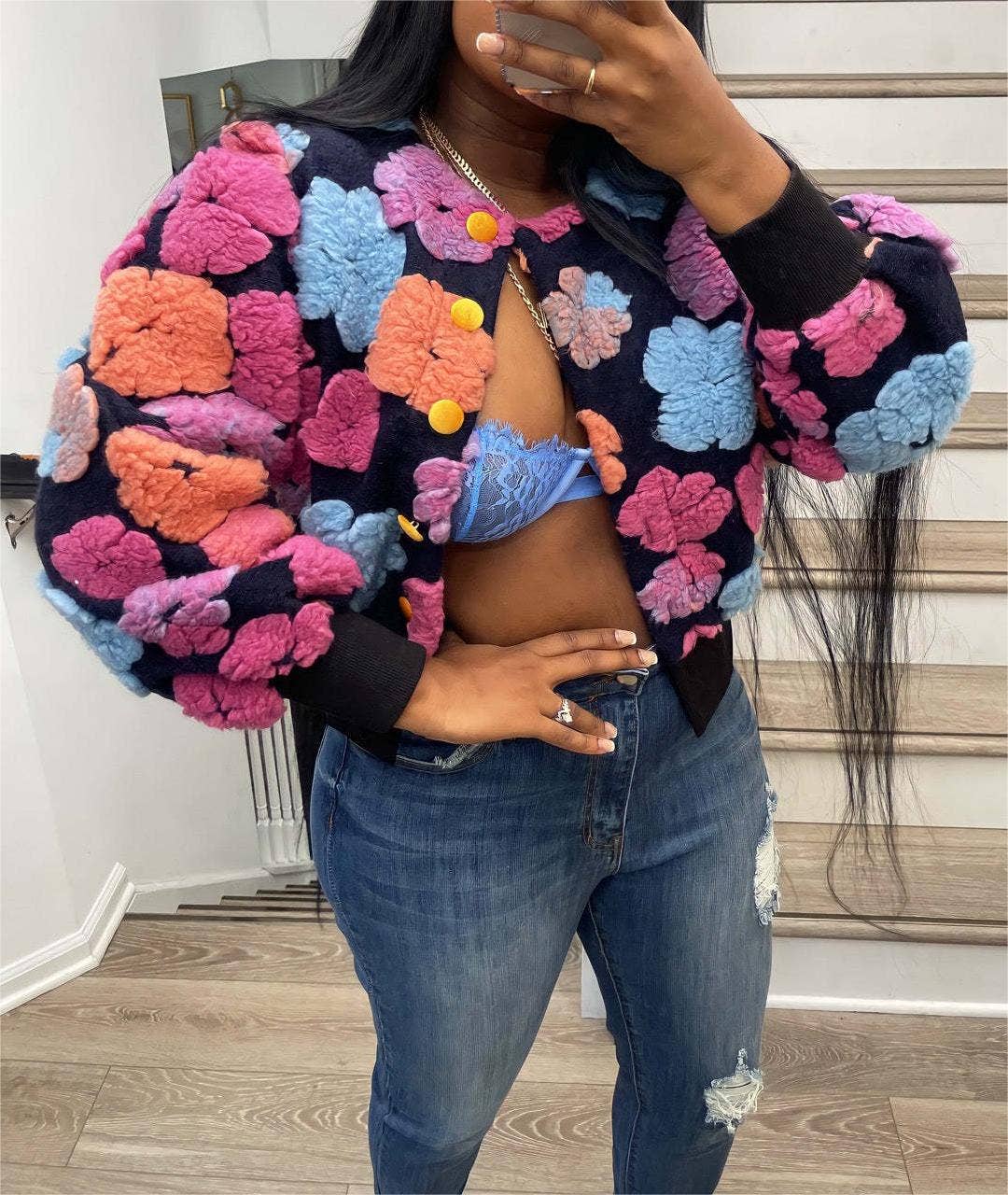 Retro coat three-dimensional flower loose jacket cardigan