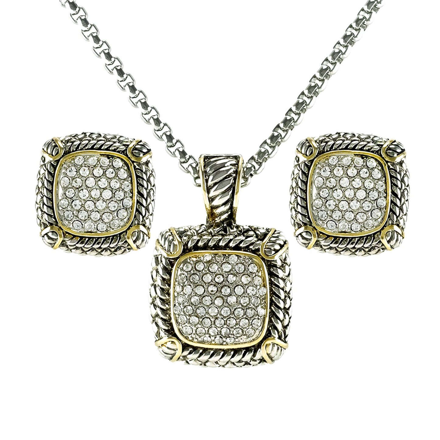 Two Tone Cushion Pendant Necklace & Earring Set