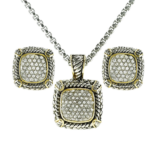 Two Tone Cushion Pendant Necklace & Earring Set